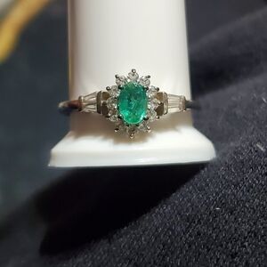AAA Kagem Zambian Emerald & White Zircon Rhodium Plated Sunburst Ring